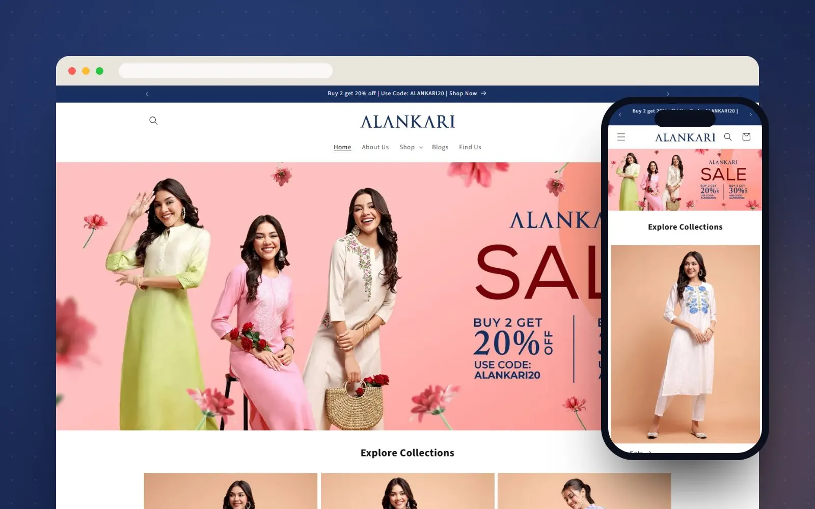 Alankari Shopify store homepage on desktop and mobile
