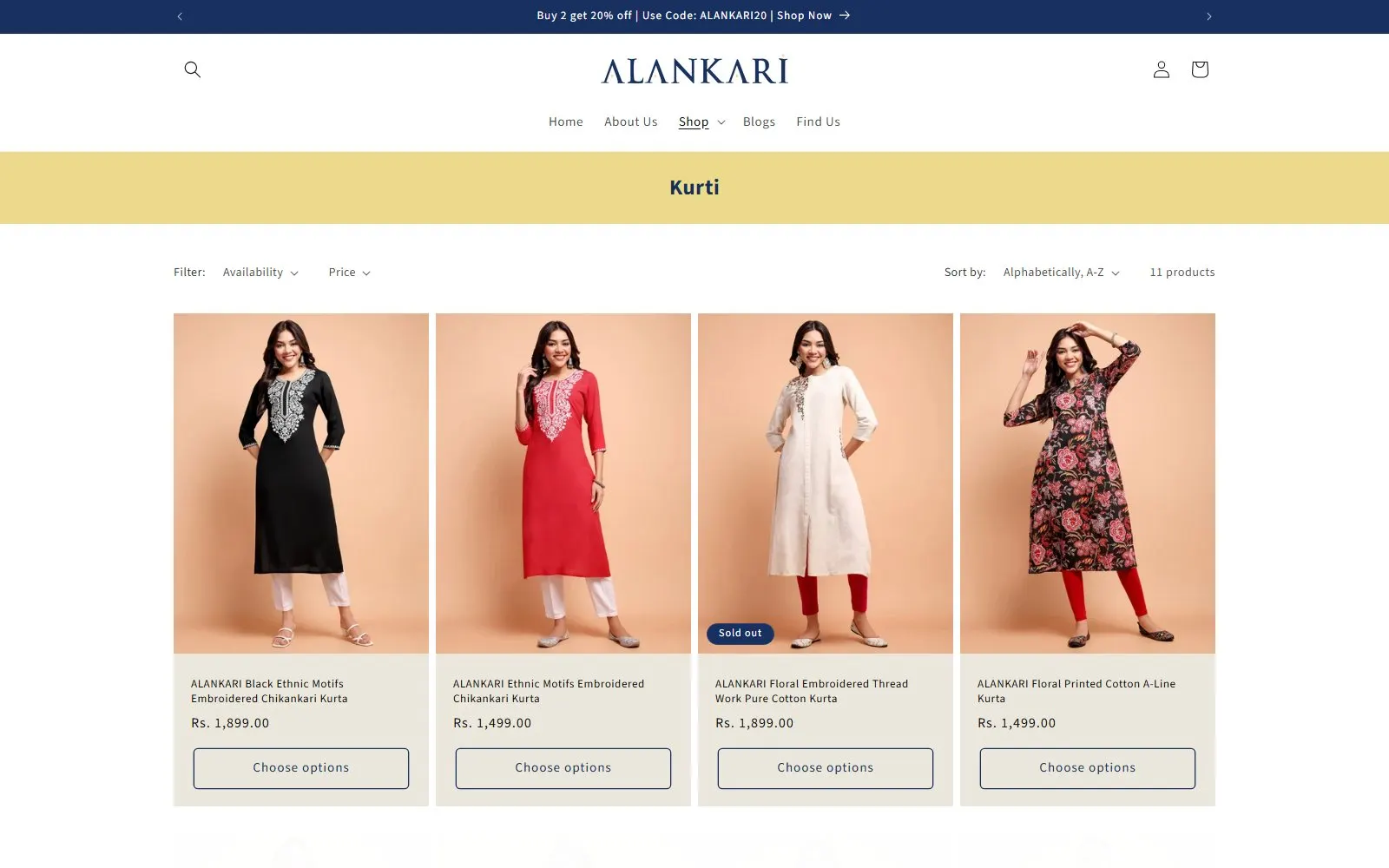 Alankari kurti collection with filters and sorting