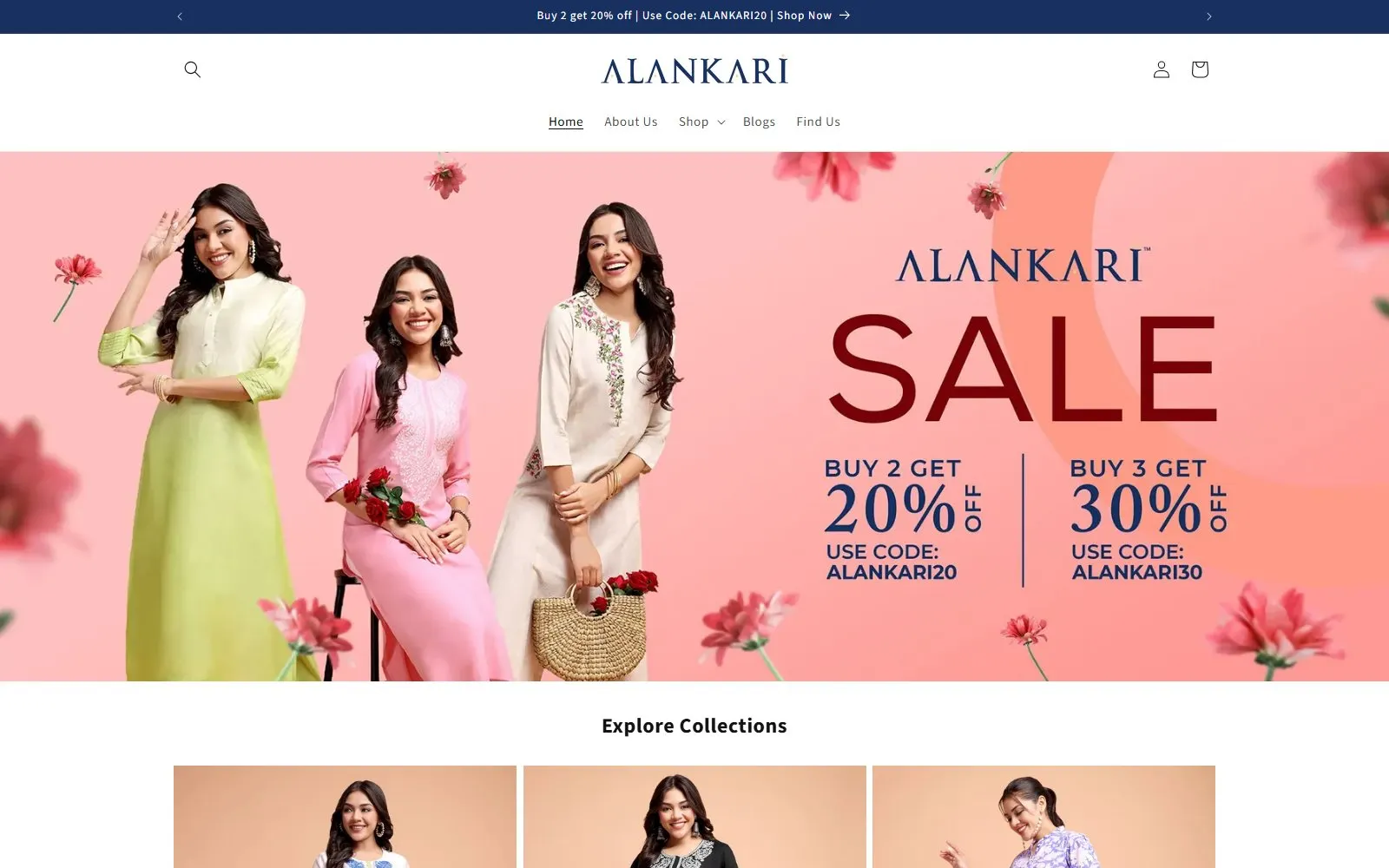 Alankari homepage with seasonal sale banner