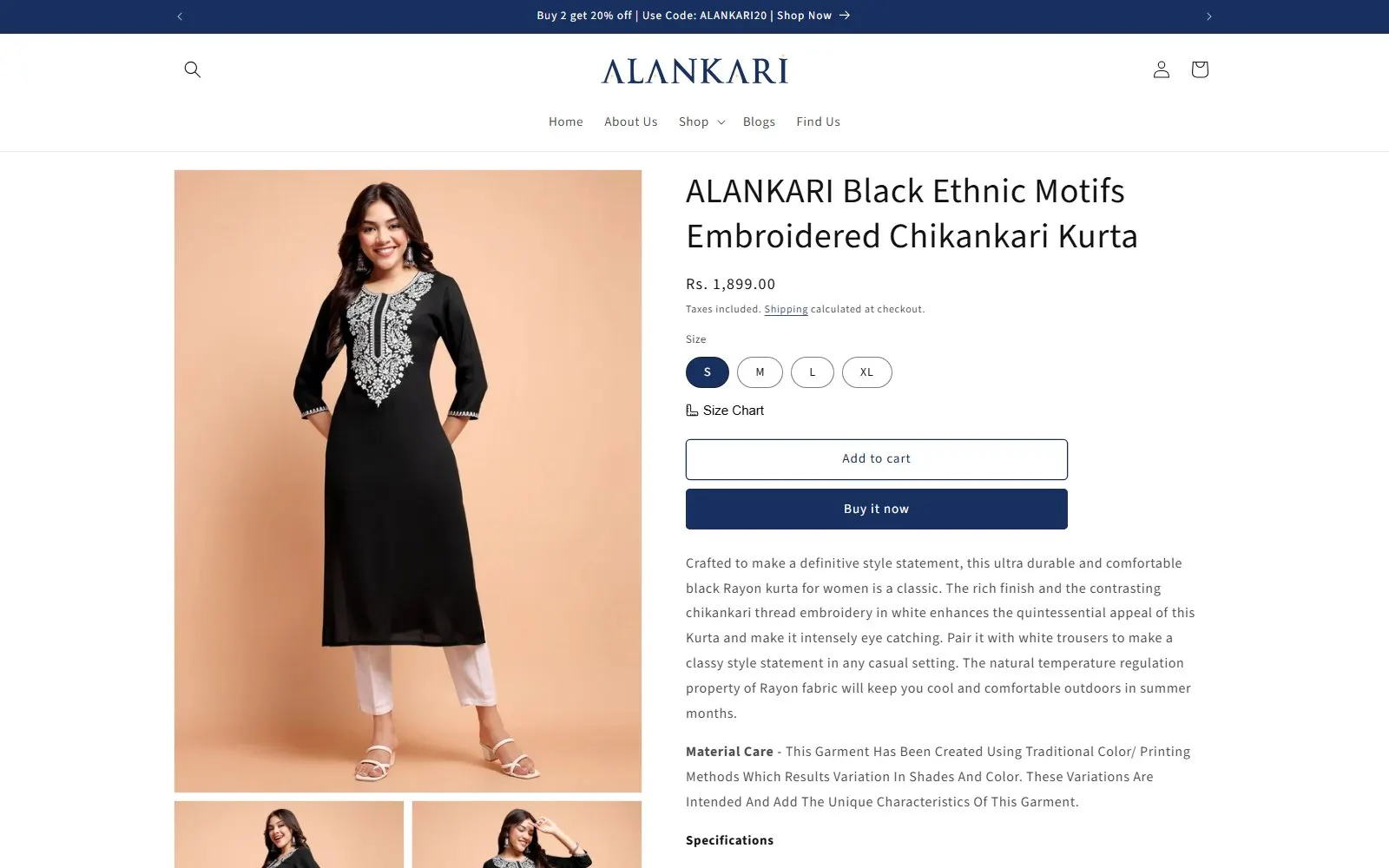 Alankari product page with sizes and size chart
