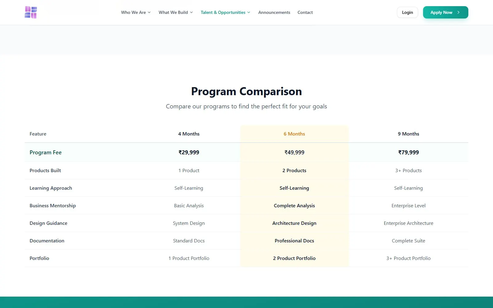 Nandi Business Solutions program comparison table