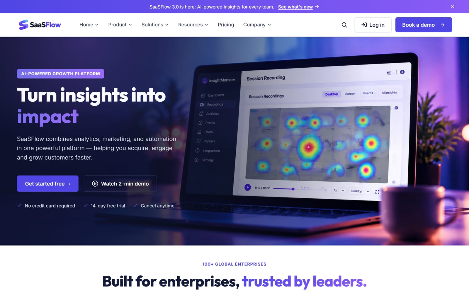 SaaSFlow homepage variation with session-recording hero