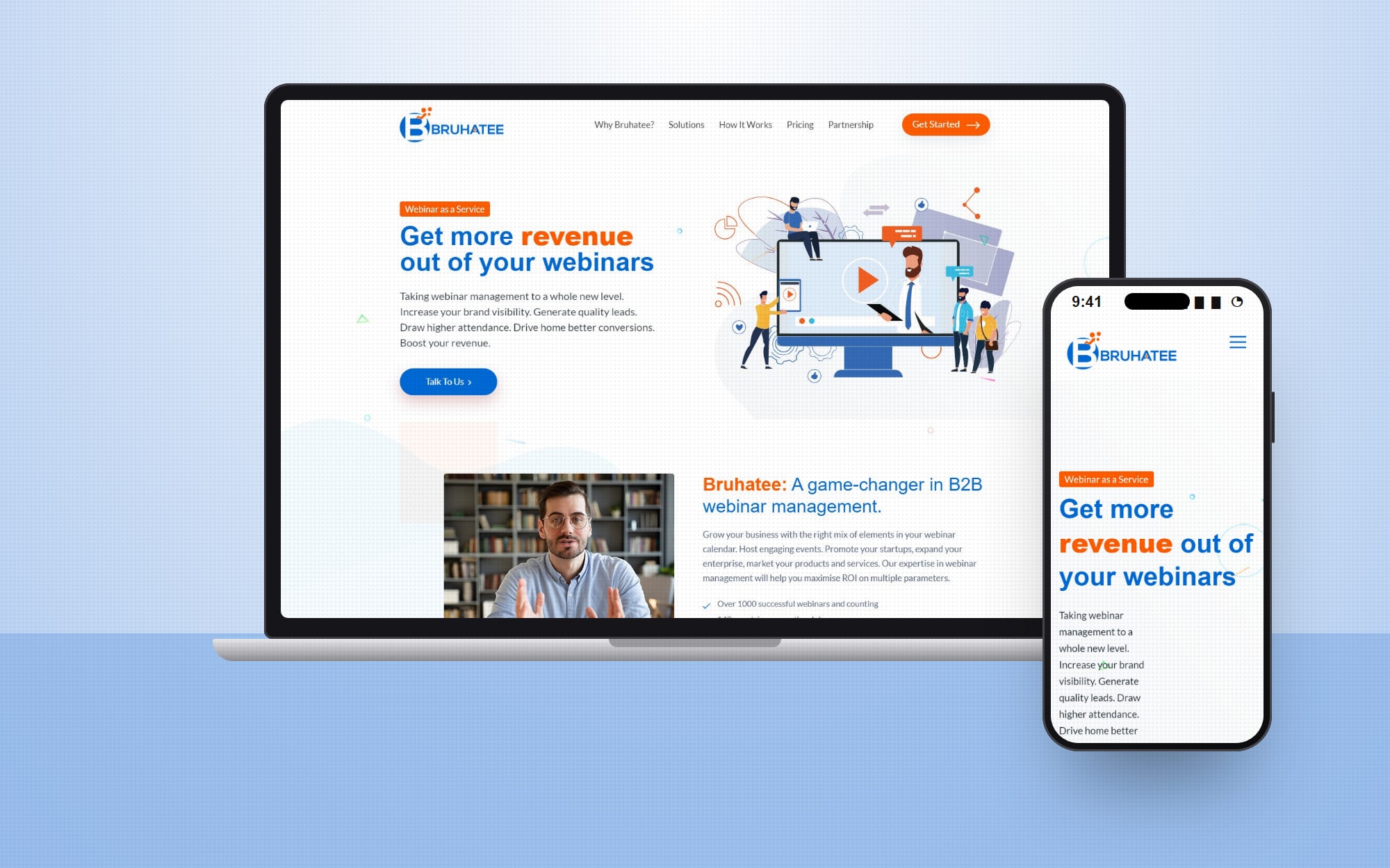 Bruhatee homepage: “Get more revenue out of your webinars”