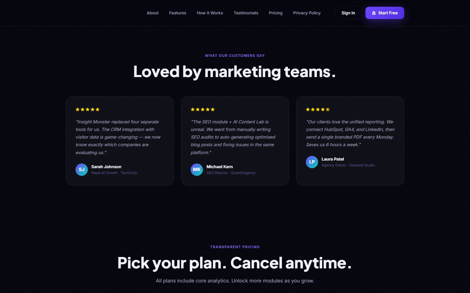 Insight Monster testimonials and pricing