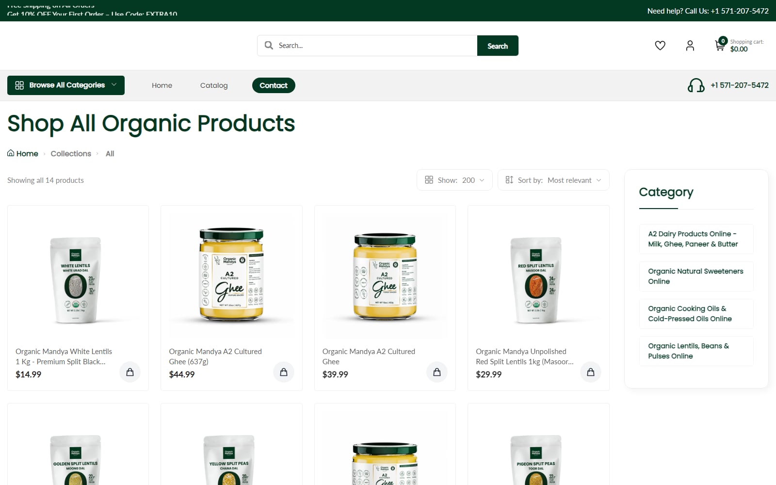 Organic Mandya collection page with category filter