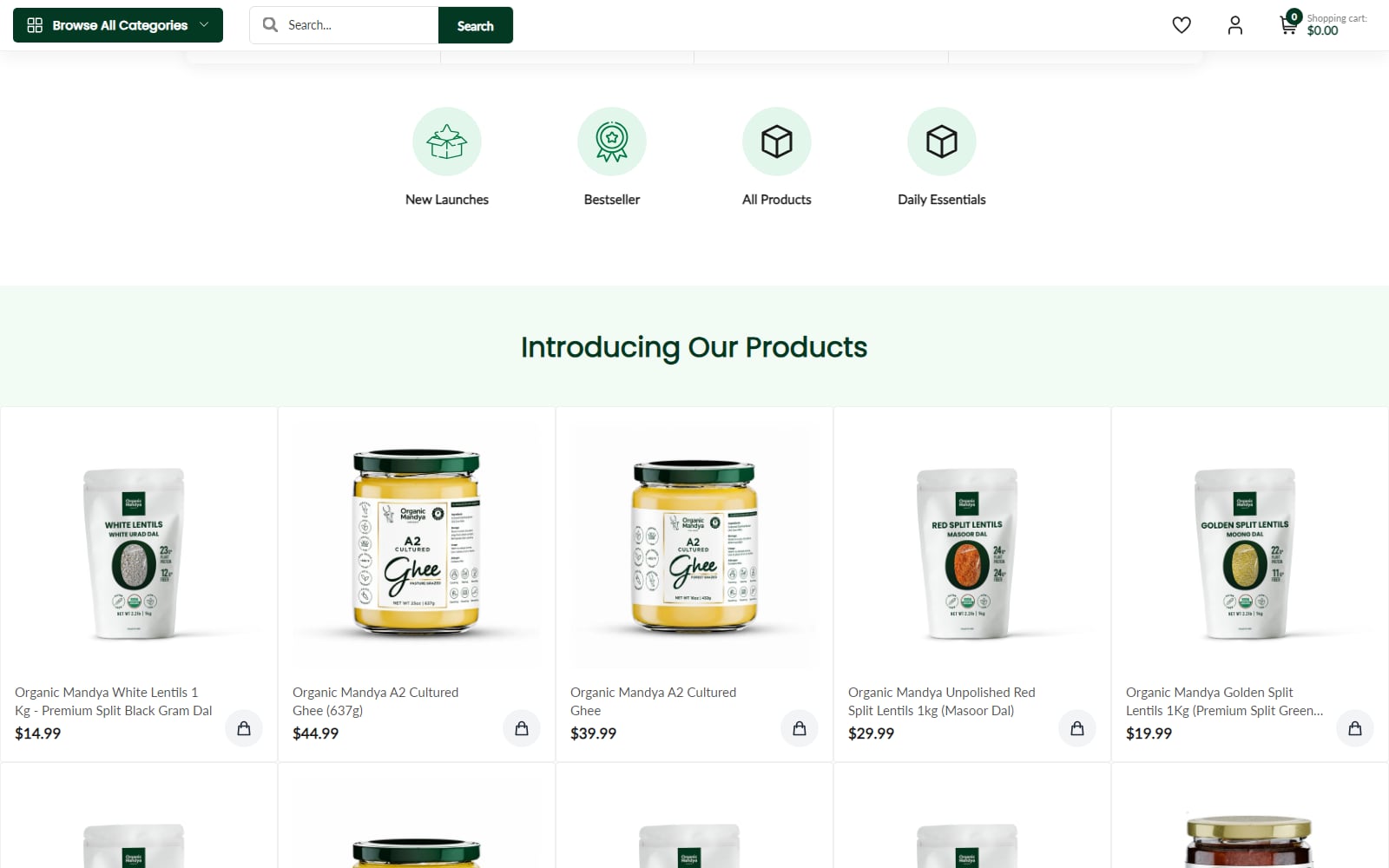 Organic Mandya homepage categories and products