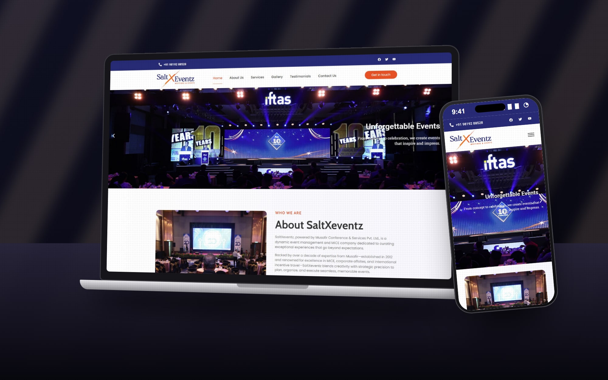 SaltXeventz homepage with a full-width slider of a corporate event stage