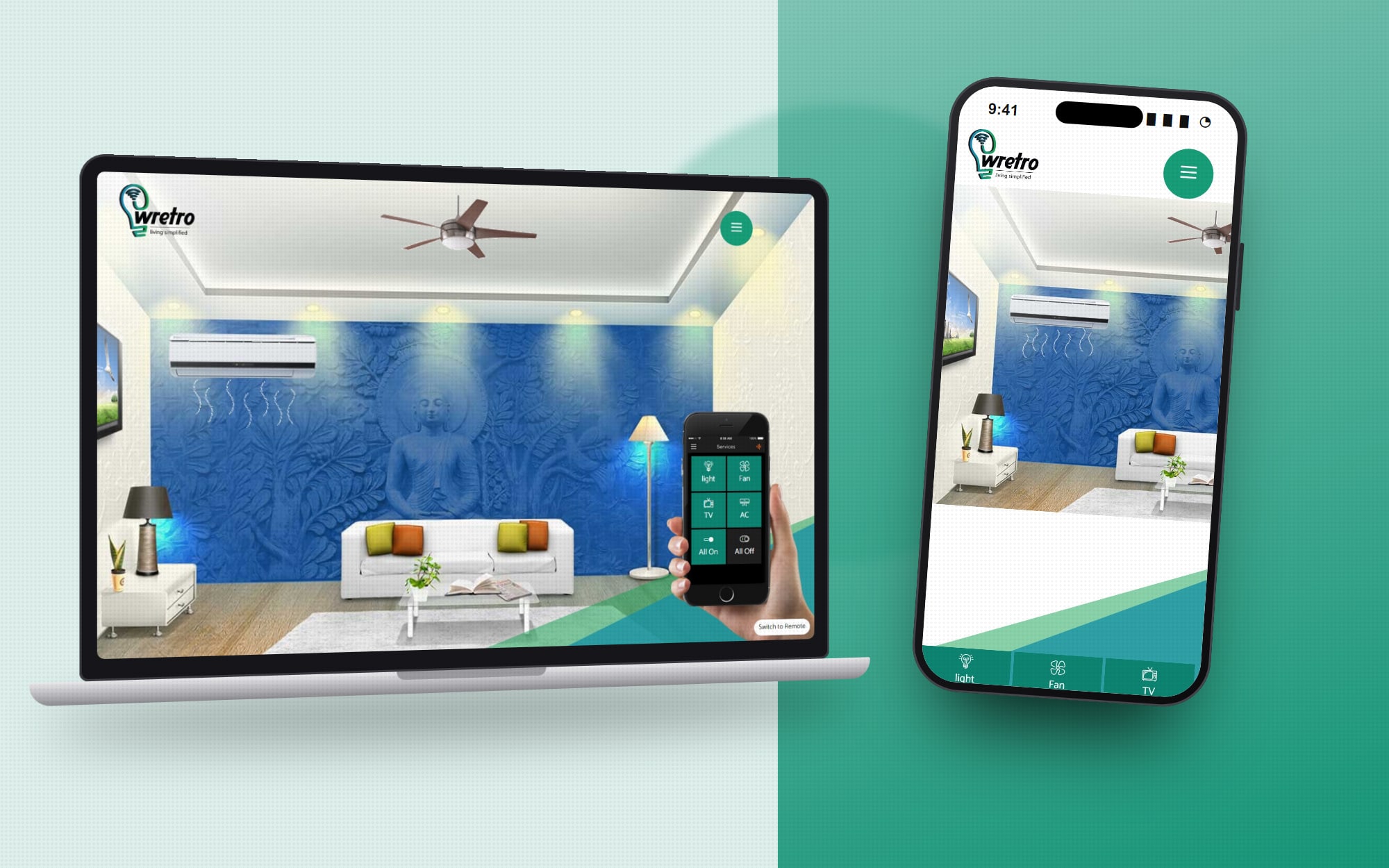 wRetro interactive demo: a living room with a phone app controlling the lights, fan, TV and AC