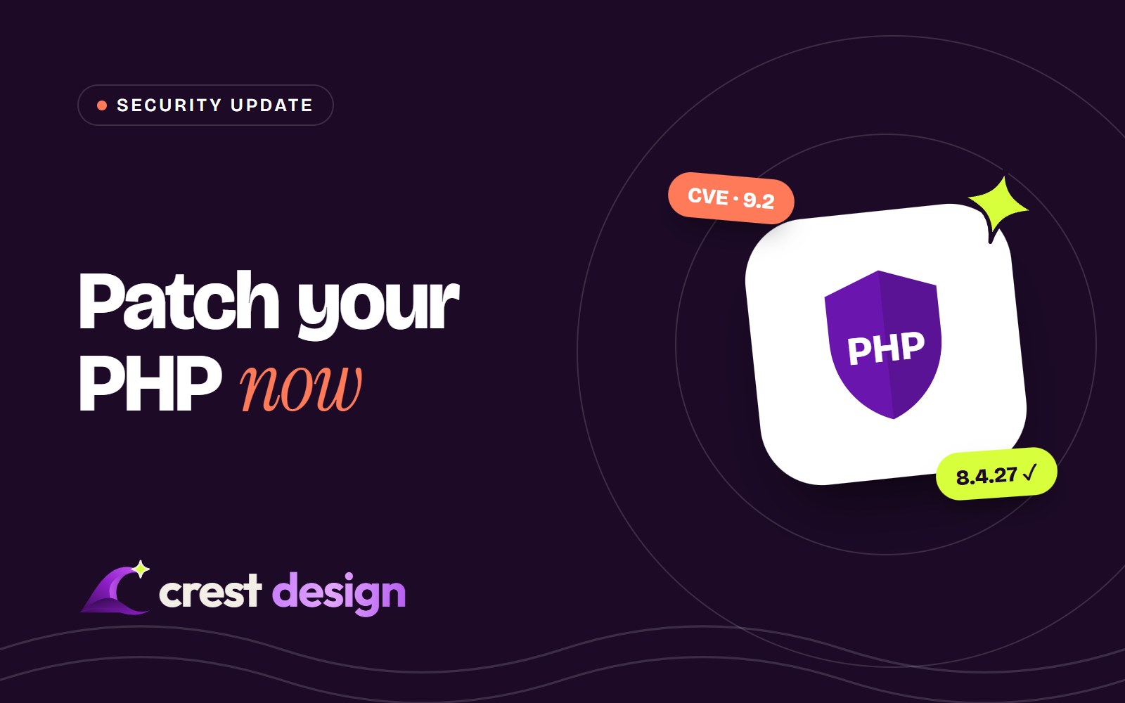 Cover reading Patch your PHP now, with a PHP shield and the fixed version 8.4.27